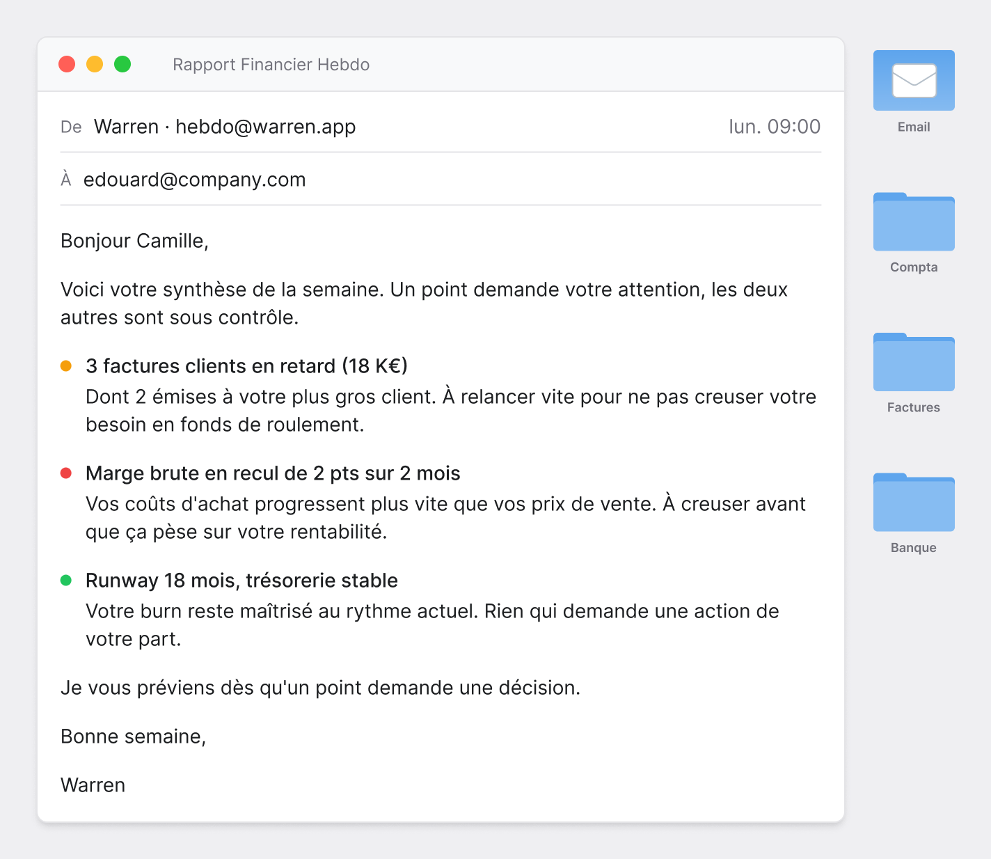 Email de rapport financier hebdomadaire de Warren